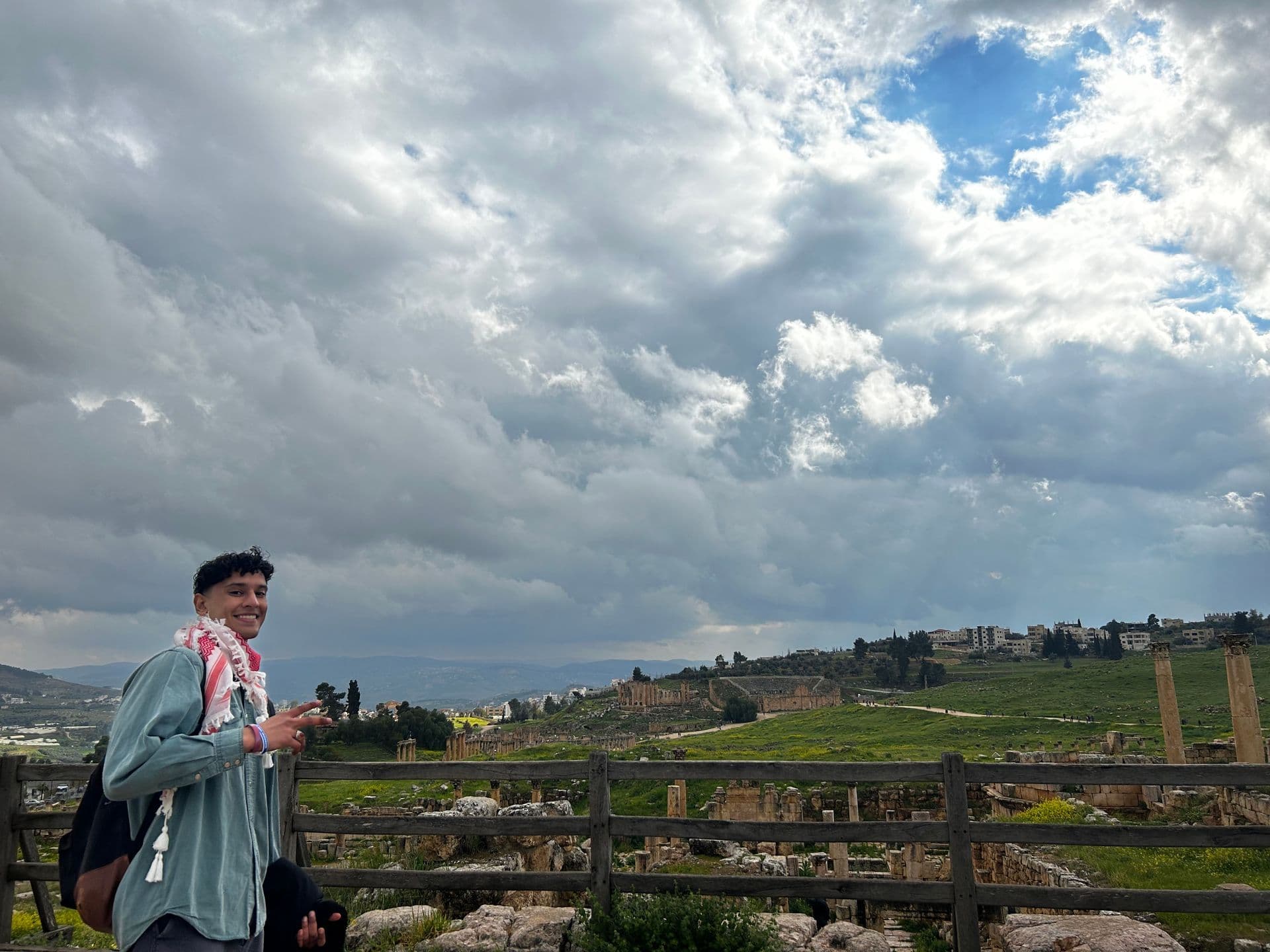 Ancient ruins at Jerash, Jordan with dramatic cloudy sky